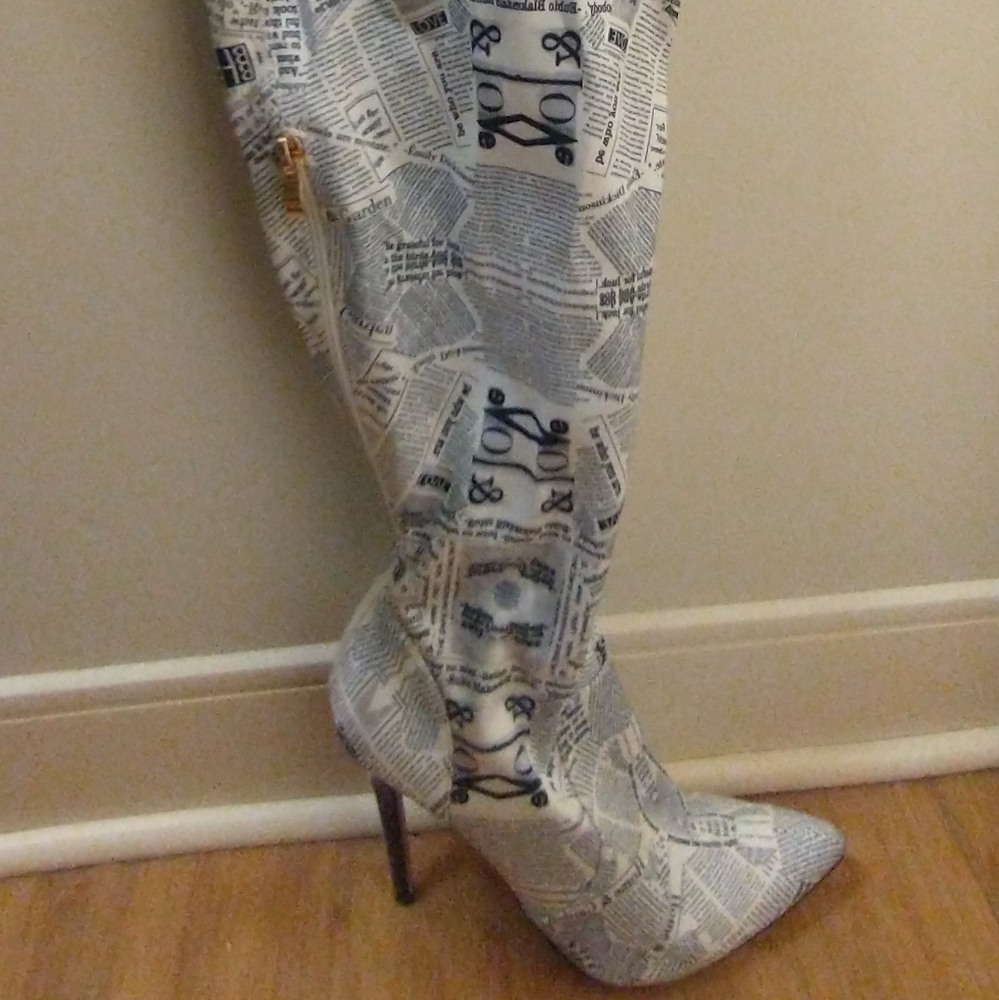 Newspaper print Thigh high Stiletto Boots